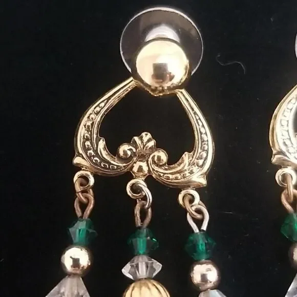 Chandelier Earrings Green 3 Rows Gold Post - Picture 4 of 11